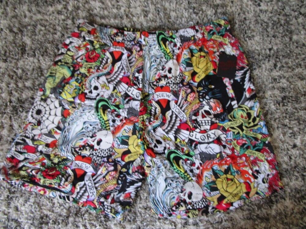 Ed Hardy Tattoo Graphic All Over Print Gym Shorts Men's Large Streetwear